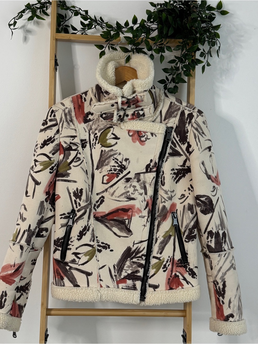 Zara Abstract Ecru Printed Double-Faced Faux Shearling Aviator Moto Jacket S